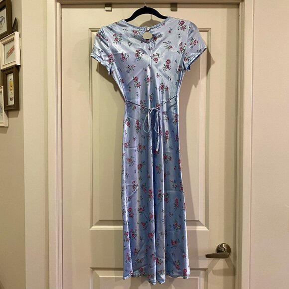 Vintage Blue Floral Silk Dress - Picture 2 of 2